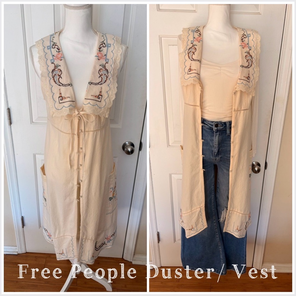 Free People Embroidered Cream Sleeveless Duster / Dress